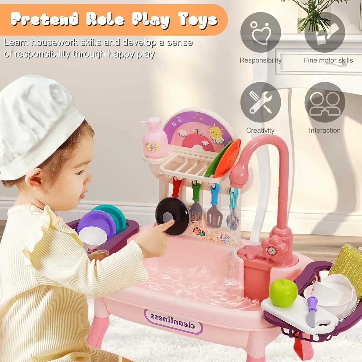 Lavandino Giocattolo per Bambini,Lavello giocattolo con acqua di rubinetto,Set di giocattoli da cucina con rubinetto funzionante con Portapiatti e Giocattoli Alimentari per ragazzi ragazze 3 4 5 6