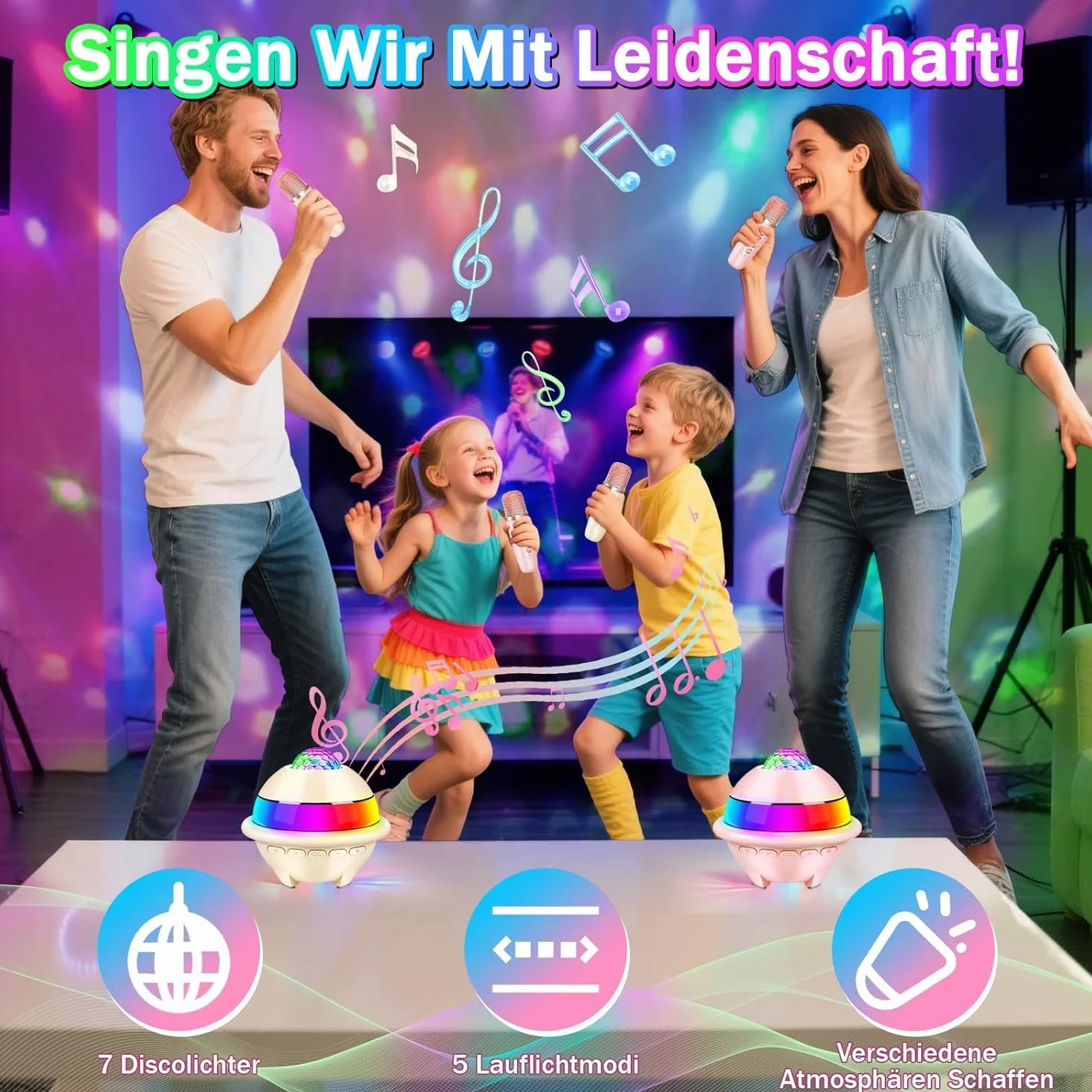 JONRRYIN Karaoke per Bambini con Luci Discoteca, Bluetooth Karaoke con 2 Microfono Wireless, 5 Luce LED e Cambia Voce, Regalo Compleanno per Ragazzi e Ragazze 3-15 Anni (Rosa)