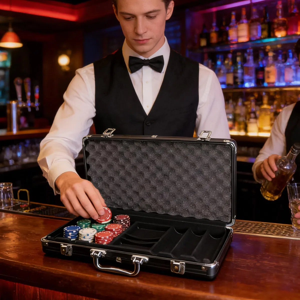 Scatola per fiche da poker, capacità in lega di alluminio nero opaco, scatola porta fiches da poker, per adulti, familiari, amici, appassionati, principianti