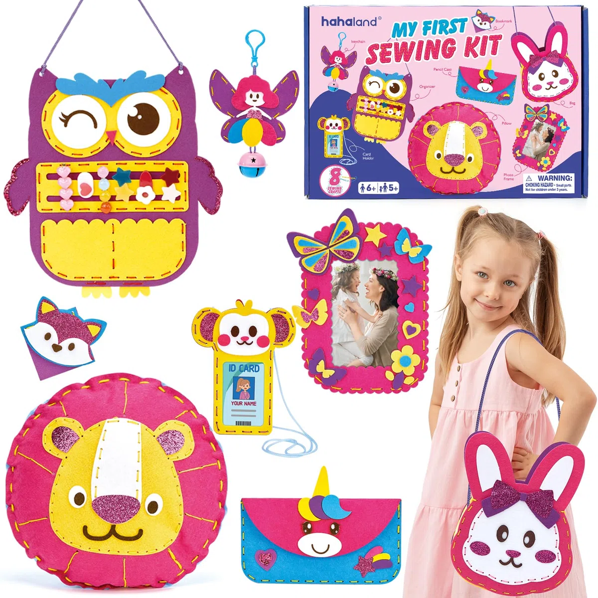 hahaland Kit Cucito Bambina 6-8 Anni, Feltro Fai da Te per Uncinetto Principianti, 8 Semplici Progetti Set Lavoretti Cucitura, Regalo Bambino 6 7 8 9 10 Anno