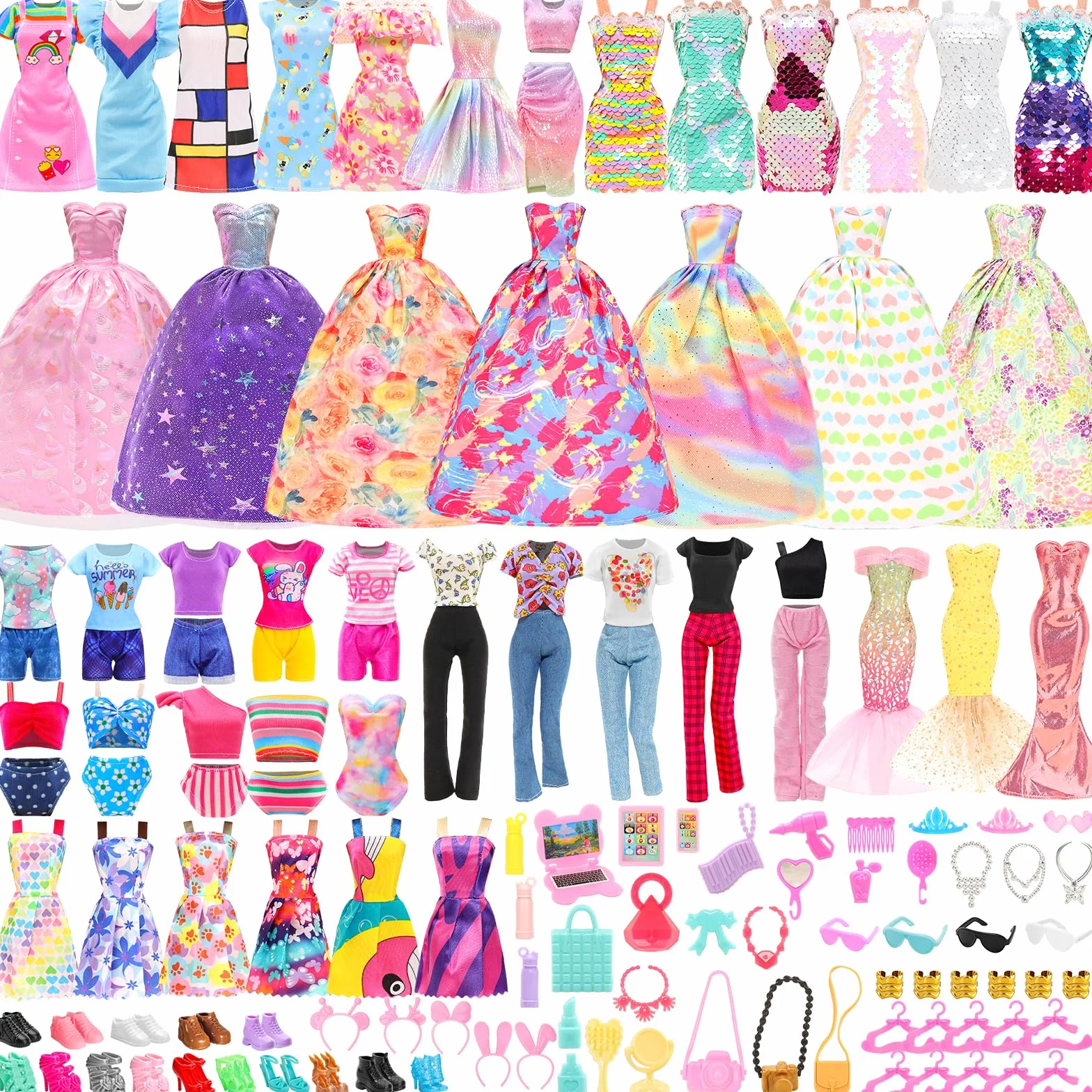 Miunana 5 Vestiti Grandi + Vestiti Pailettes + 9 Vestiti Alla Moda + 4 Abiti + Pantaloni + 3 Costumi Da Bagno + 5 Mini Vestiti + 55 Accessori + 15 PCS Scarpe Per 30 CM 11.5 Pollici Bambola