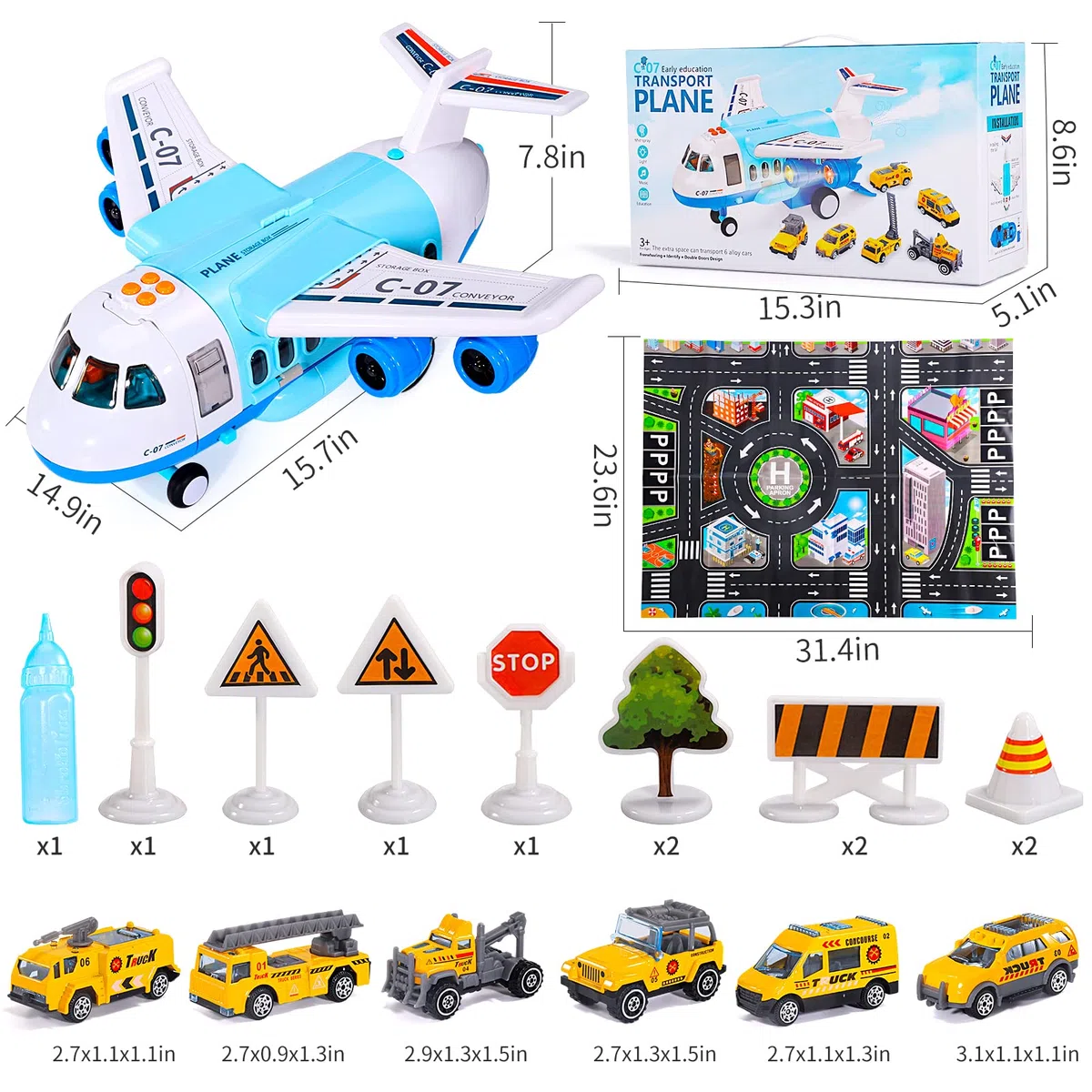 Ci Vetch Giocattolo aereo con fumo, luce e suono, 16 pollici grande trasporto aereo merci- 6 camion da costruzione, alimentato da Fricton, regalo giocattolo per ragazzi per 2 3 4 5 6 anni