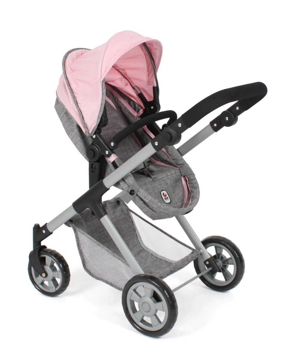 Bayer Chic 2000 Carrozzina 2 in 1 Mila – Melange grigio-rosa – Manico regolabile in altezza 39-72 cm – Telaio moderno – Bambole fino a 50 cm – 3-7 J