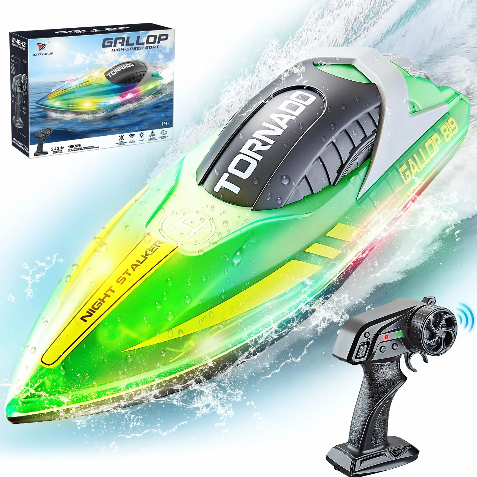 JONRRYIN Barca Telecomandata per Bambini, Impermeabile Barca RC con Luce LED, 2,4 GHz Motoscafo Elettrico per Piscine e Laghi per Bambini Adulti
