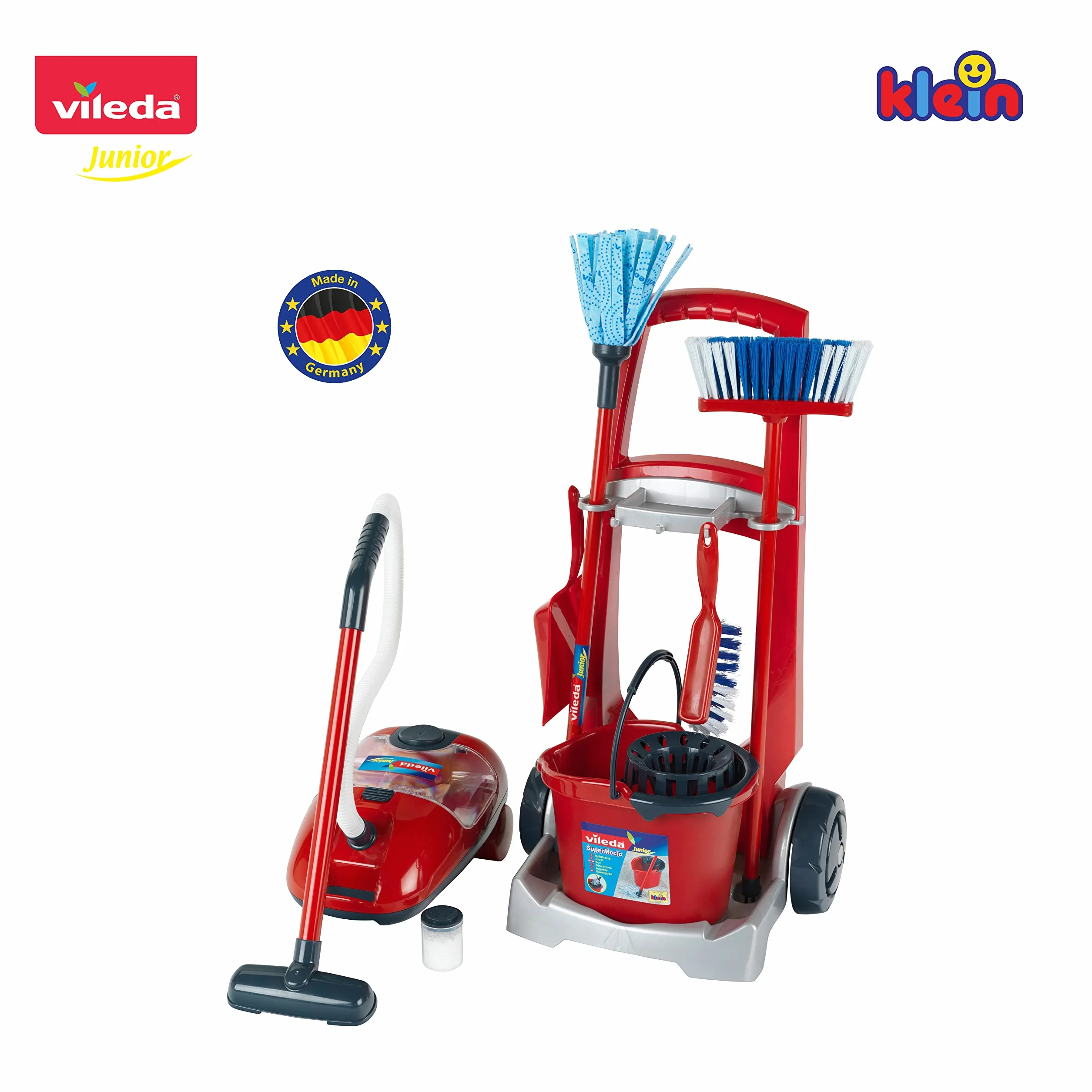 Theo Klein 6742 Carrello delle Pulizie Vileda con Scopa, mocio, Secchio e Molto Altro, con aspirapolvere a batterie con Funzione di aspirazione e Sonora, Giocattolo per Bambini a Partire dai 3 Anni