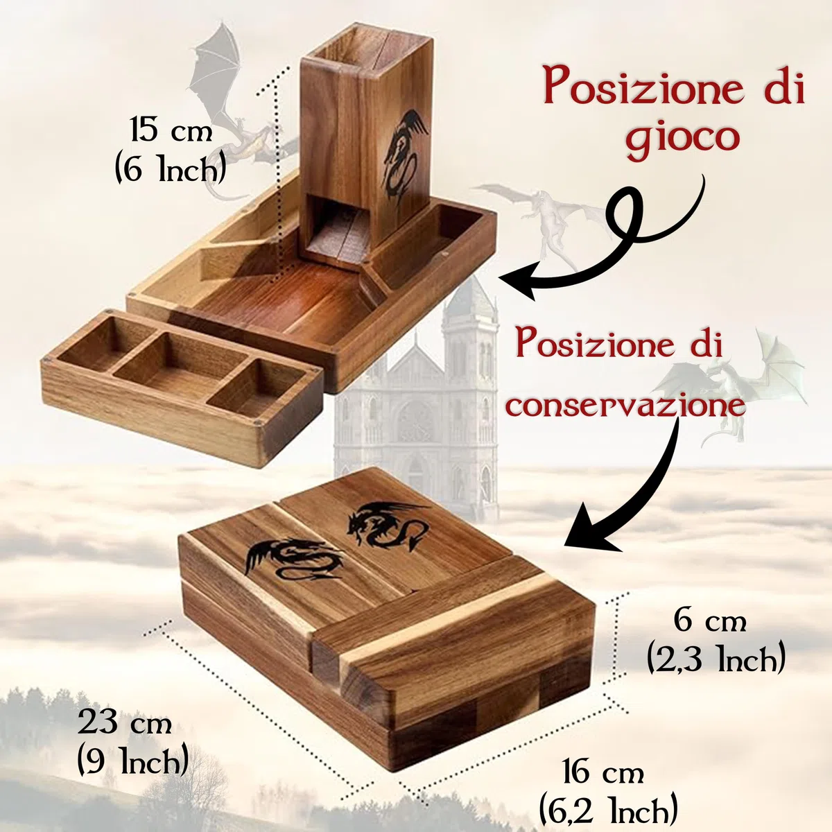 Tapeera DND Gifts - Torre magnetica per dadi in legno con vassoio, accessorio Dungeons and Dragons, portatile, per giochi di ruolo da tavolo