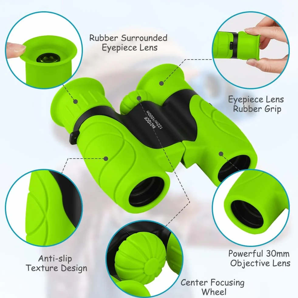 Binocolo per Bambini, Portatile Binocolo Set con Lente di ingrandimento e Bussola Kit Regalo Giocattoli per 3-6 Bambino e Bambina Perfetto per Campeggio e Esplorazione di Birdwatching (Verde)