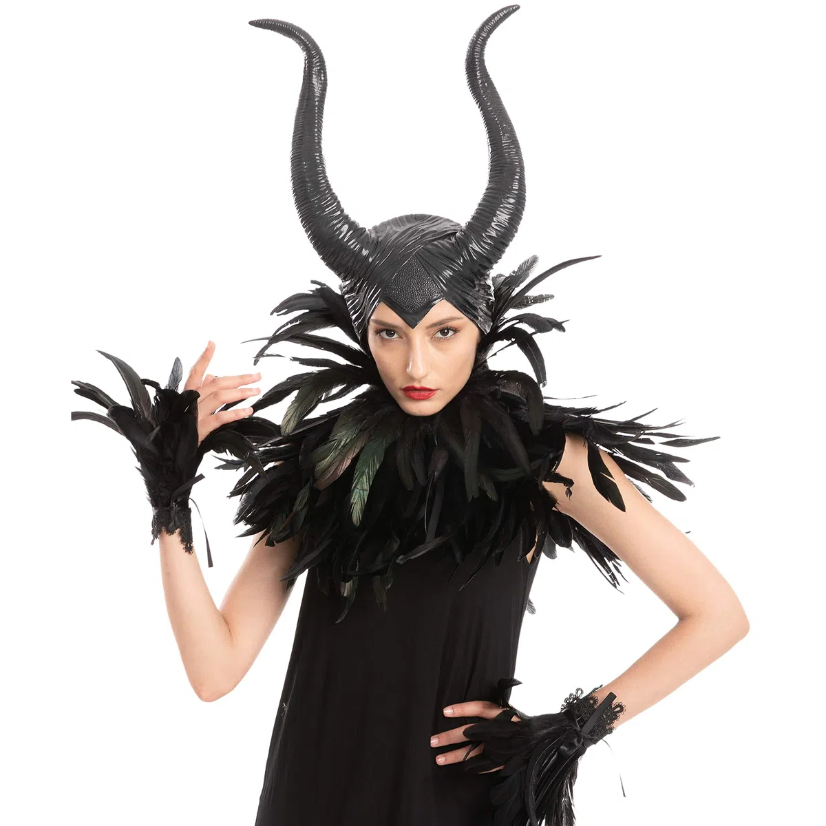 Spooktacular Creations Set di accessori Black Evil Queen con corno, scialle di piume e polsini di piume per Halloween Cosplay Party Gothic Crow Costume Dress Up