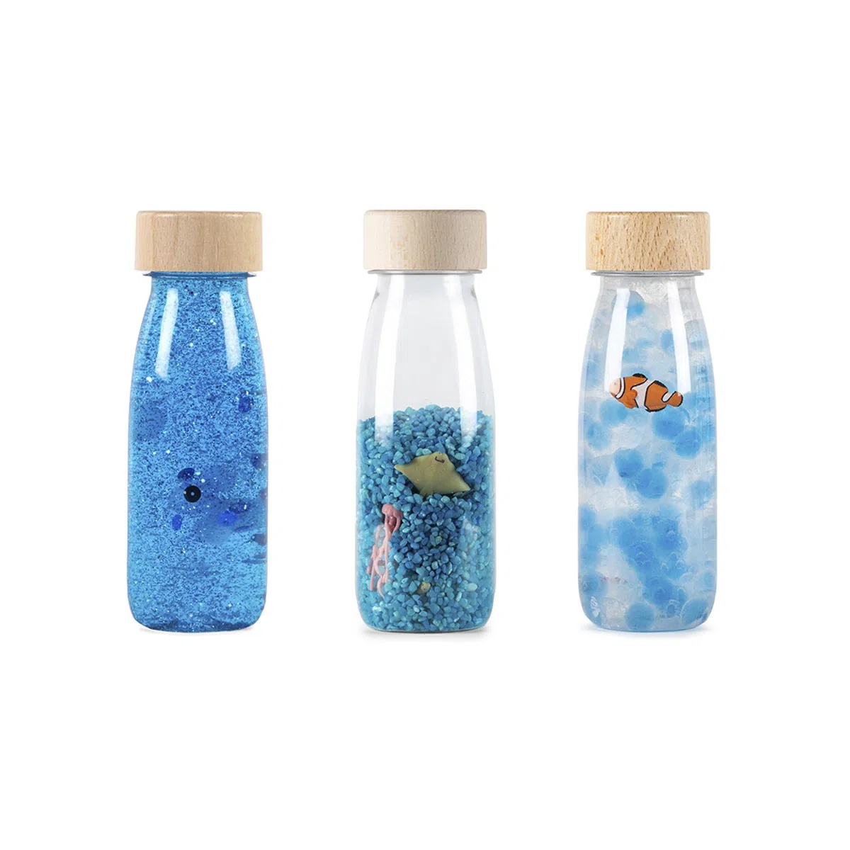Petit Boum - Confezione da 3 Bottiglie Sensoriali Serenity | Un Microcosmo in Ogni Bottiglia | Scopri, Ascolta e Impara | Stimolazione Sensoriale | Bottiglie Sensoriali per Bambini