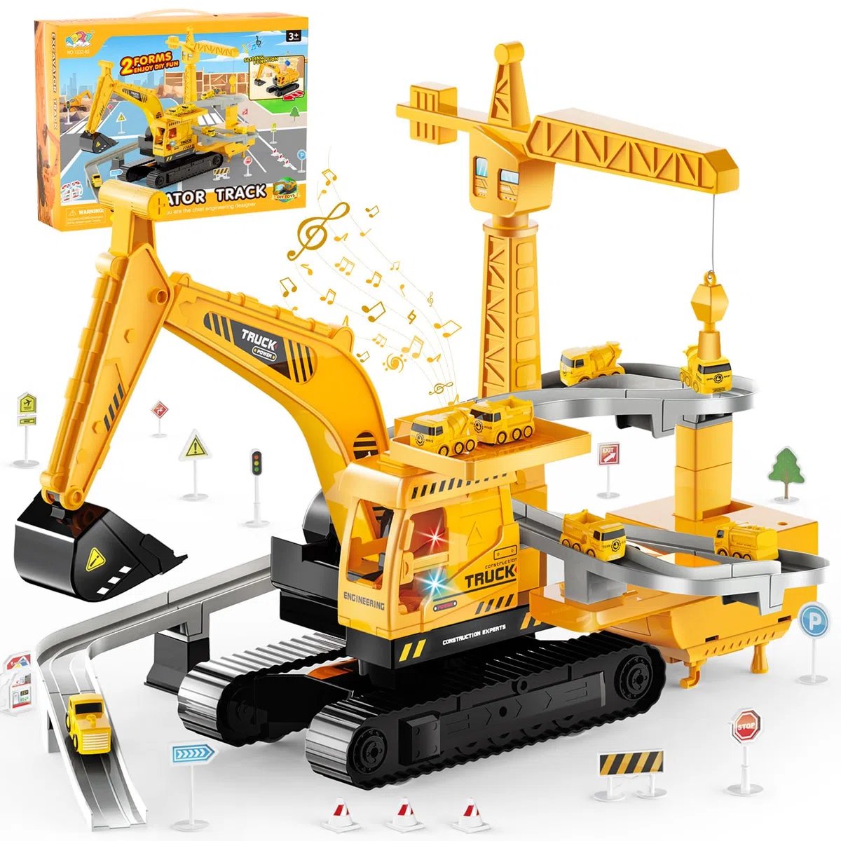 Aragallant Escavatore Giocattolo per Bambini, 2 in 1 Escavatore Gru Giocattolo, Camion Escavatore Set con Musica, Luci e 8 Mini Veicoli da Cantiere, Regali per Ragazzi e Ragazze