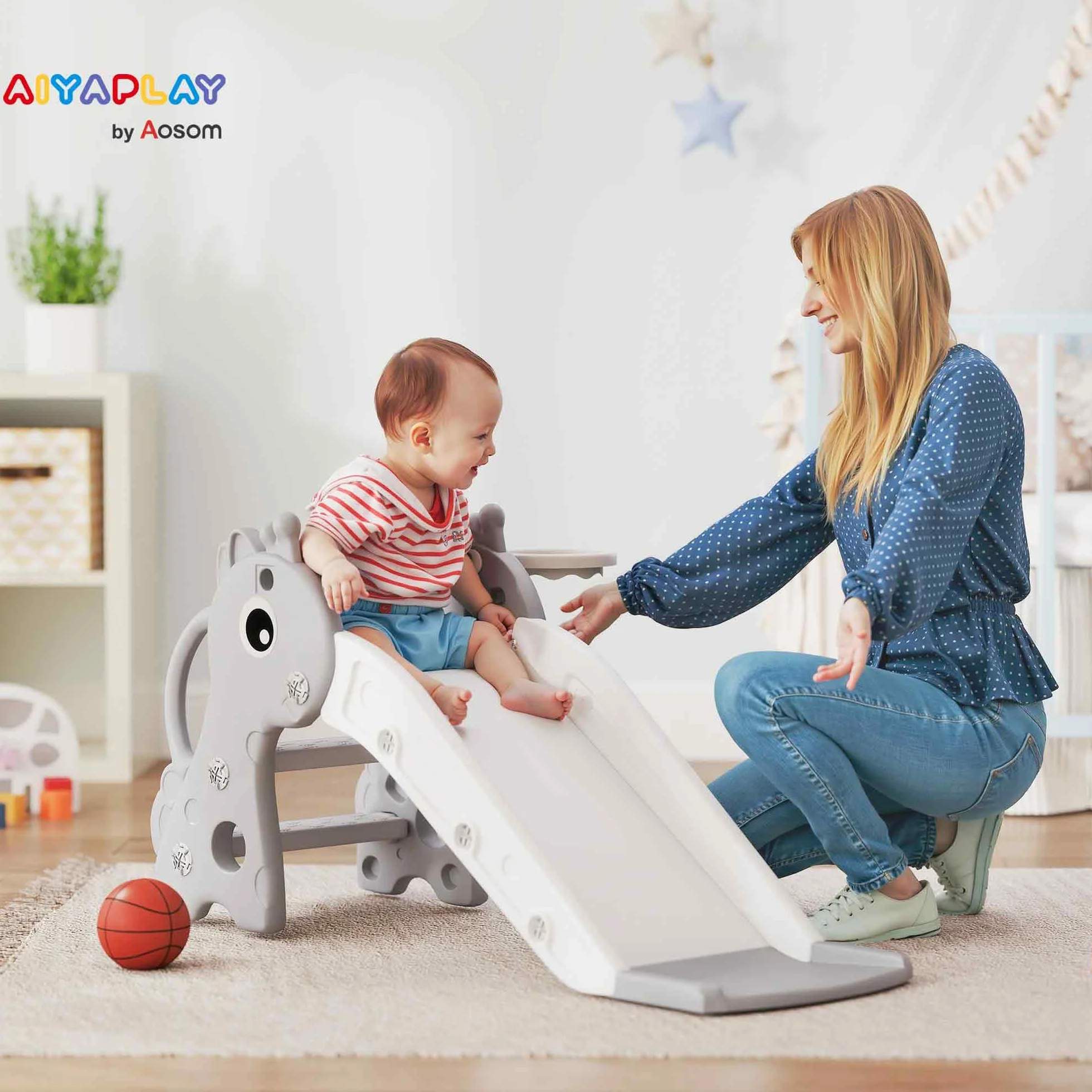 AIYAPLAY Scivolo per bambini 3 in 1 a forma di giraffa con canestro da basket, arrampicata e pallone, scivolo interno per bambini da 1 a 3 anni, 106 x 51,5 x 52 cm, grigio