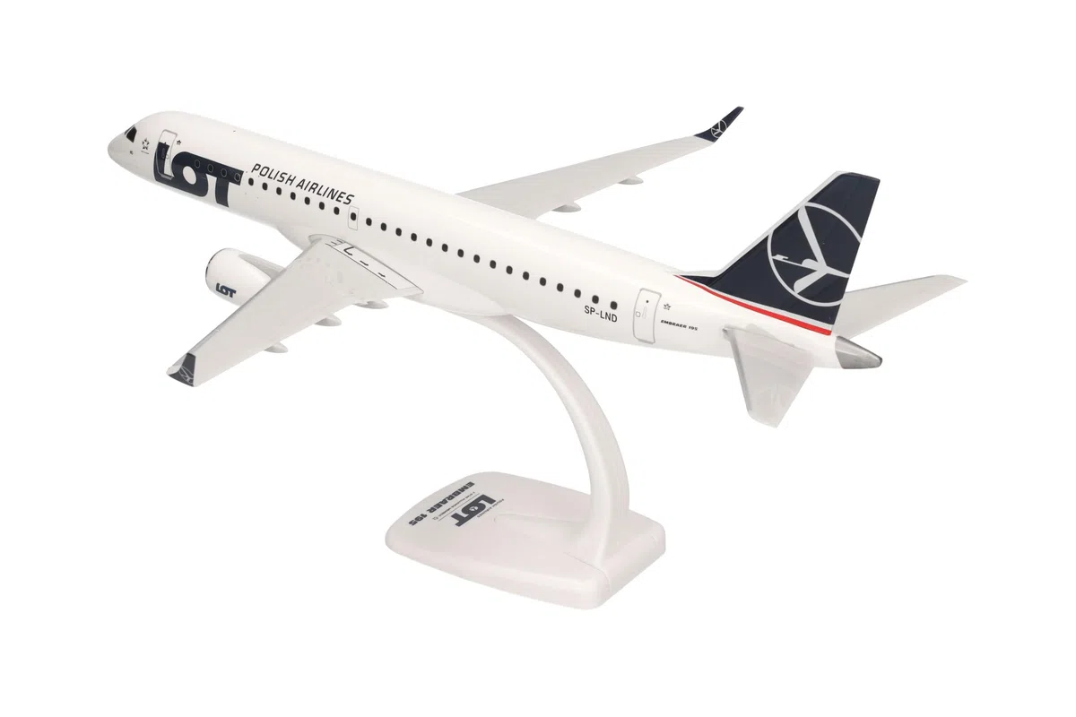 Herpa Snap-Fit Modellino di aereo LOT Polish Airlines Embraer E195 - SP-LND, miniatura in scala 1:100, pezzo da collezione, modello con base, plastica