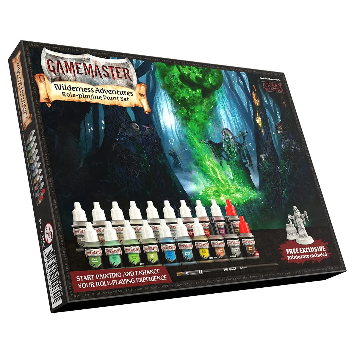 The Army Painter GameMaster Wilderness Adventures - Set di Colori per Giochi di Ruolo, 20 Bottiglie di Vernice acrilica da 12 ml, 1 Pennello Asciutto, 1 Miniatura in plastica per Warhammer 40k e