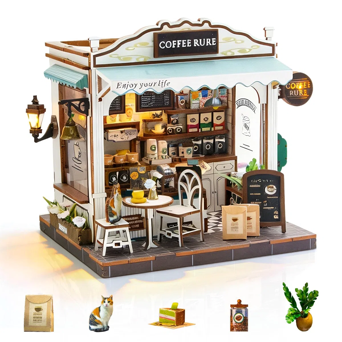 Cuteefun Casa delle Bambole in Miniatura con Luci LED, Kit Creativo Fai da Te, Oggetto Decorativo, per Adulti e Adolescenti, Idea Regalo per Natale e Compleanno (Caffè-Bar)
