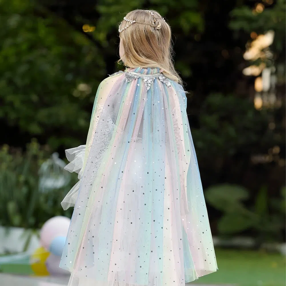 Mantello principessa bambina, mantello halloween bambino magica mantello Tulle con paillettes scintillanti scialle halloween principessa con bacchetta magica per ragazze 6-10 anni