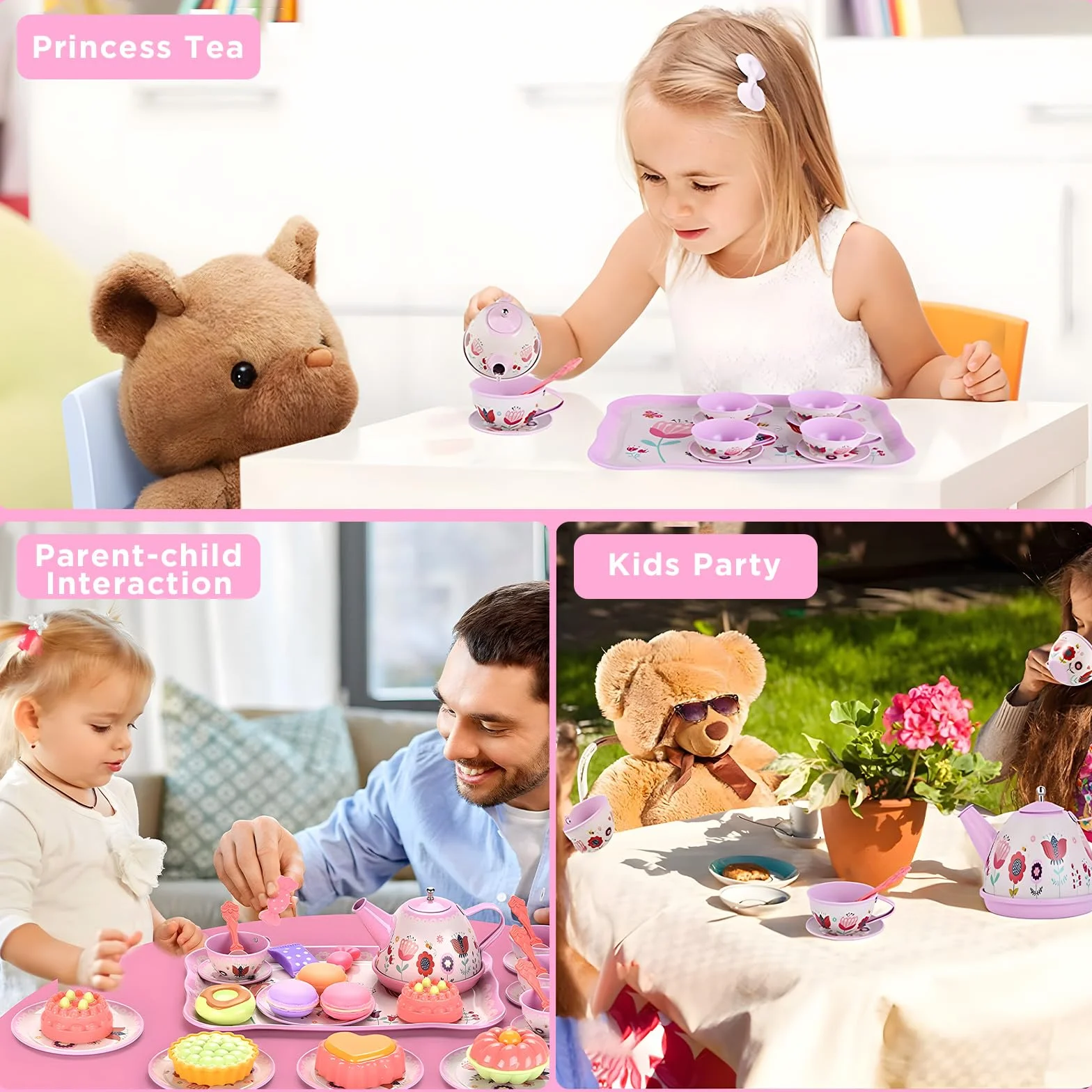 Set da tè Giocattolo per Bambini, 46 Pezzi Cibo Accessori Cucina, Dessert Giocattoli con Gelato Servizio, Giocattoli Bambina Cucina in Latta Regalo per Bambina Bambini 3 4 5 6 7 8 Anni