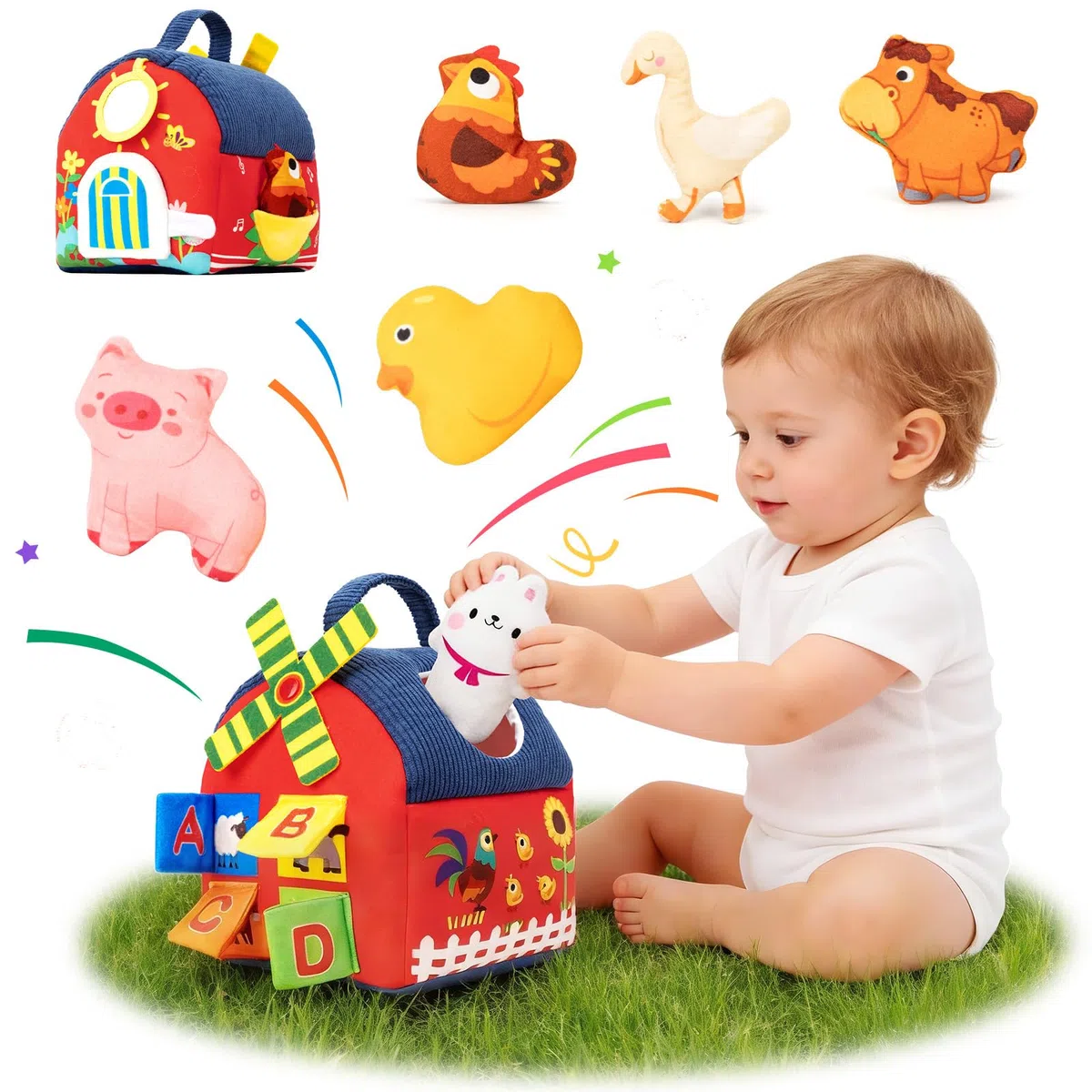 Giochi Montessori Neonato 6-36 Mesi,Fattoria Animali Bambini Giocattoli, con Specchio,6 Peluche Animali,Gioco Educativi Sensoriale,Suoni Regalo Bambina