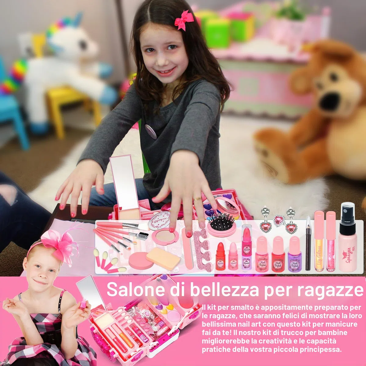 Set di trucchi per bambine e ragazze, 54 pezzi, lavabile e sicuro, principessa 4-12, regalo Natale
