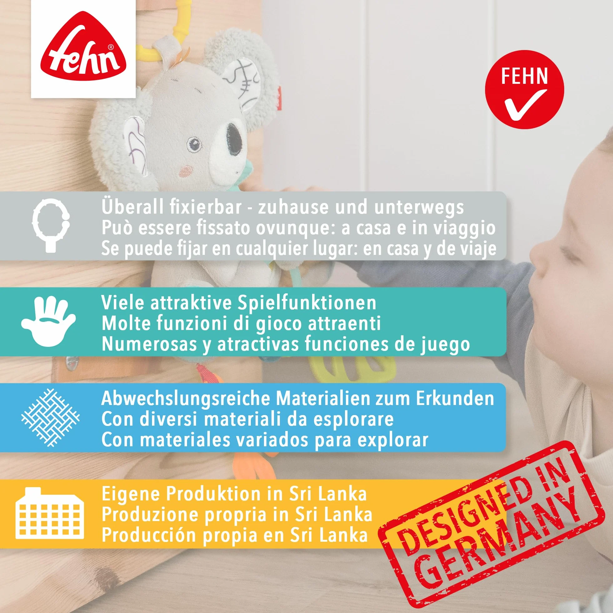 Fehn spirale di attività Safari -Giocattoli motori con funzioni didattiche per toccare, sentire, giocare - stimola la presa, il tatto e la motricità - per neonati dalla nascita