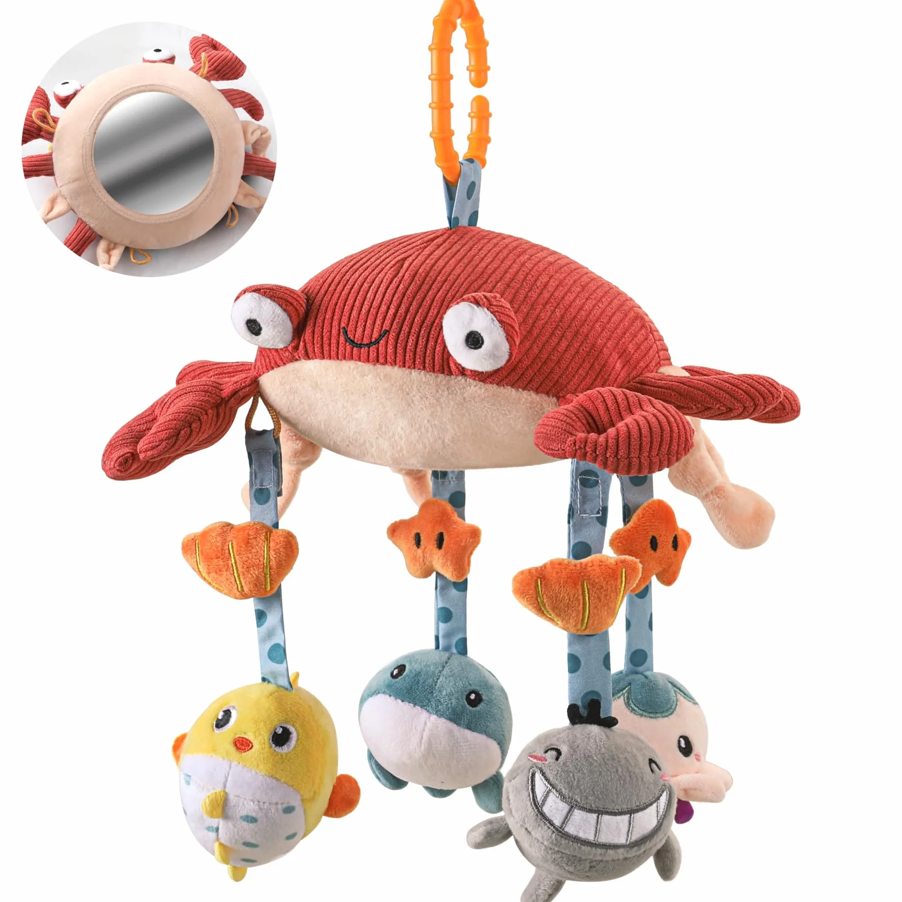TUMAMA Giochi Passeggino Per Neonato 0 3 4 6 9 12 Mesi, Gioco Montessori Sensoriali Sonaglio Per Neonati Accessori Con Specchio, Peluche Granchio Giocattoli Per Culla Carrozzina Femmina Maschio Regalo