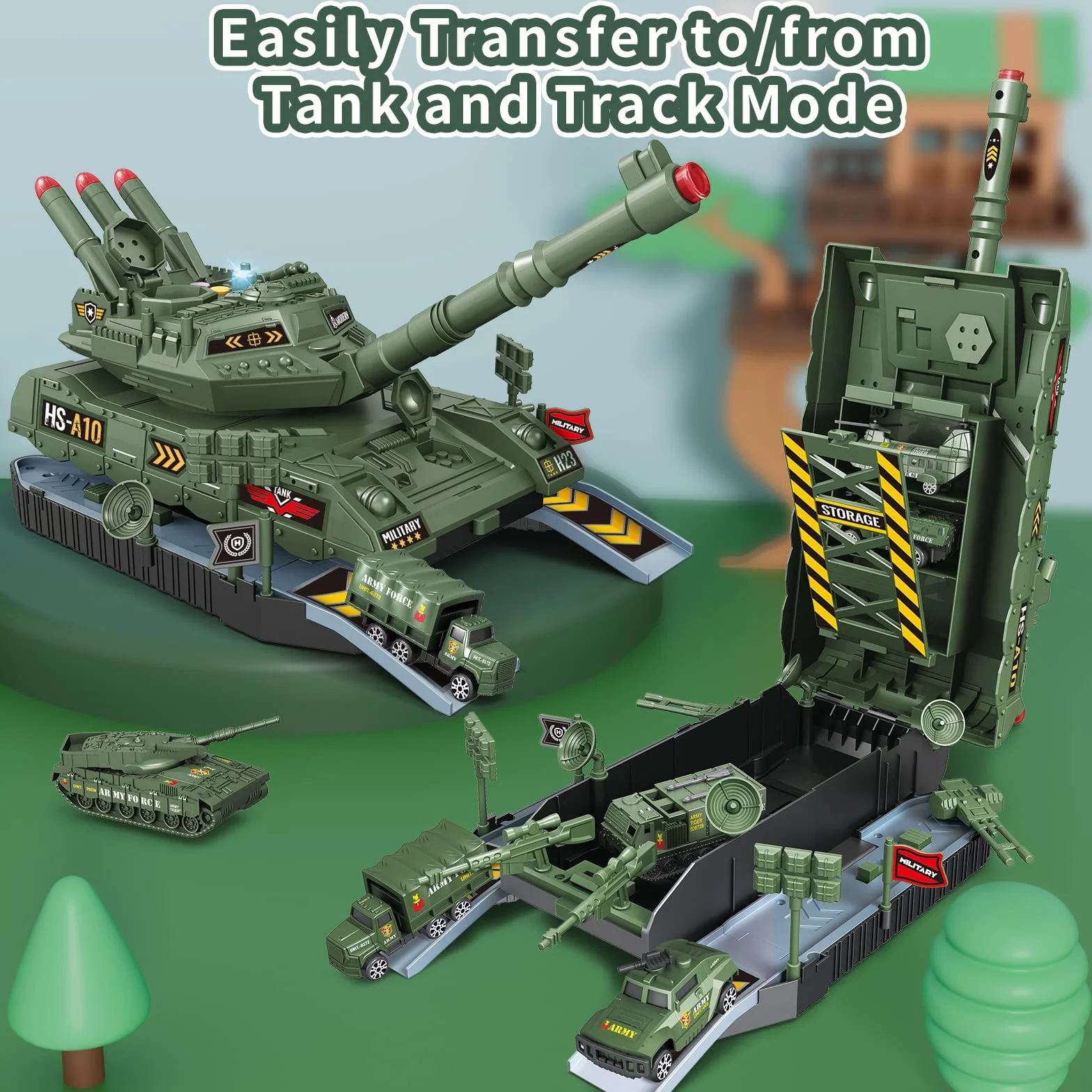 Carro Armato Giocattolo Militare con 6 Veicoli Militari, Carro Armato Giocattolo con Suono e Luce Lanciamissili Veicolo Carro Armato Regalo per Bambini Ragazzi 3 4 5 6 7 Anni (Verde)