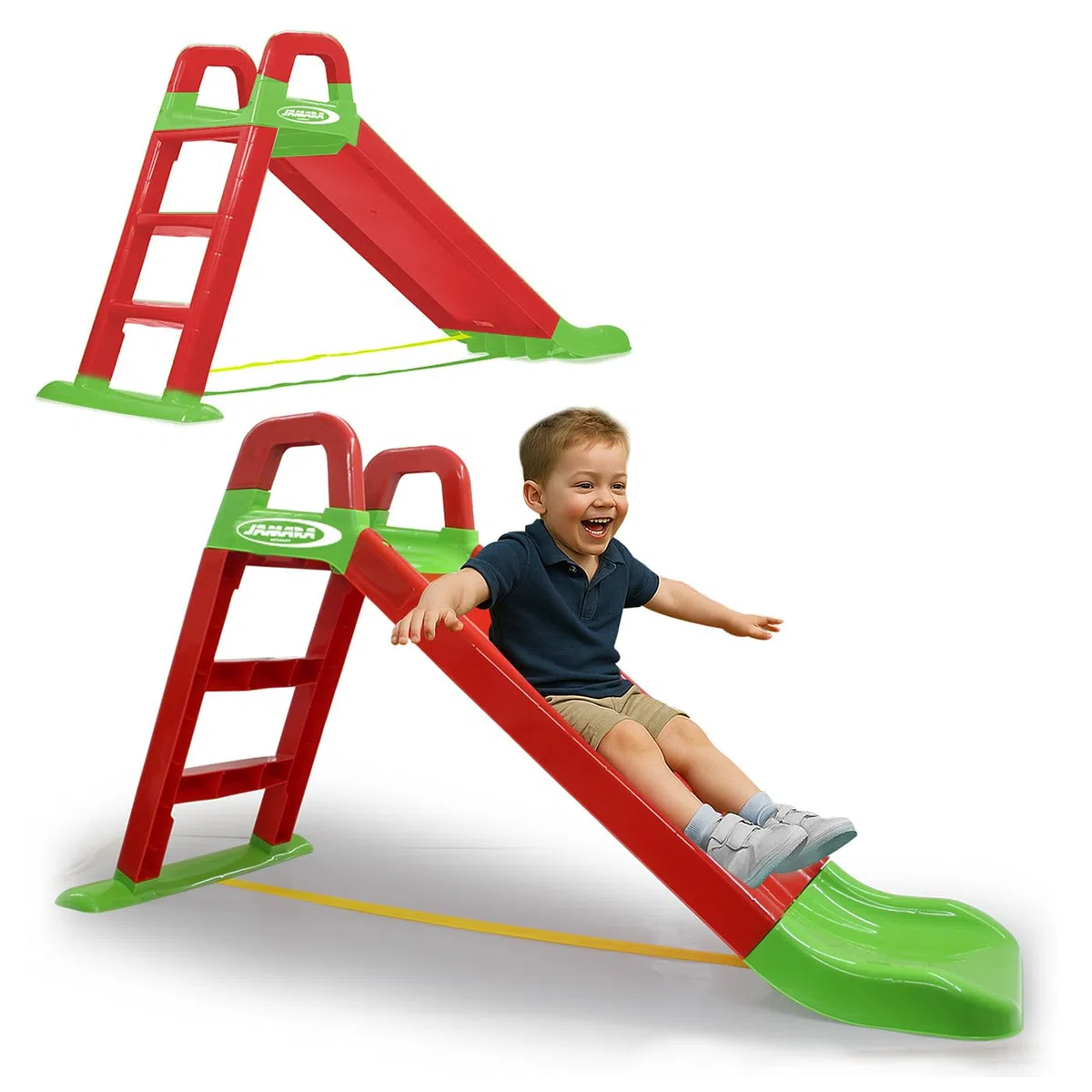 Jamara 460501 - Scivolo Funny Slide, in materiale durevole, con erogazione antiscivolo per atterraggio delicato, gradini ampi e maniglie di sicurezza, colore: Rosso, 145 x 59 x 79 cm