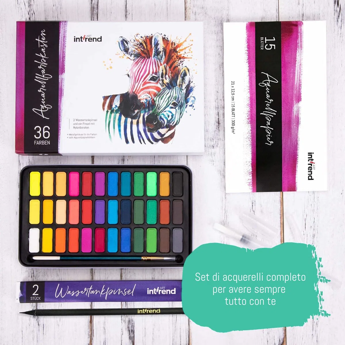 int!rend Set di Acquerelli Professionali di 55-36 Colori, 15 Fogli Acquerello, 2 Penne ad Acqua, 1 Pennello ed Una Matita - Kit Disegno ad Acquerello Professionale
