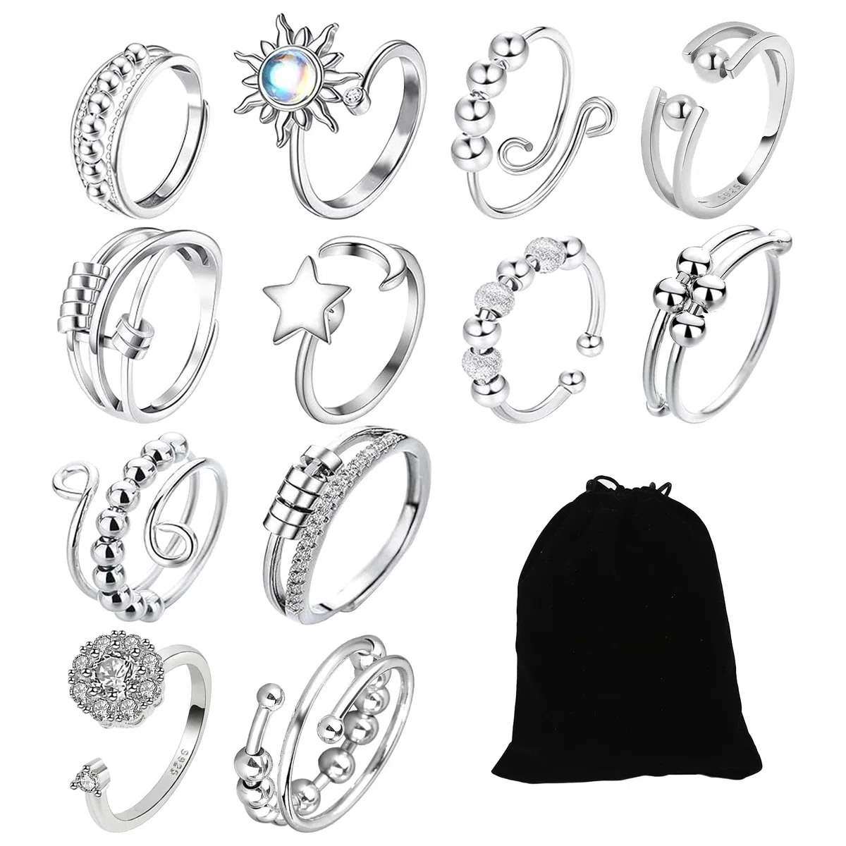 12 Pezzi Di Anello Antistress Donna Regolabili Anello Antistress Anxiety Ring Per Alleviare La Pressione Unisex Con Sacchetto Di Velluto Nero