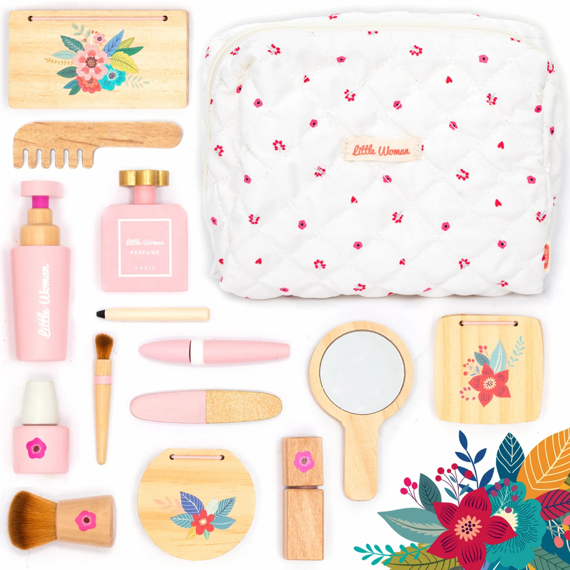 UMU Set trucco per bambini in legno – cosmetici e trucco set con trucco, rossetto, profumo, cipria e trousse – trucco per bambini da 3 4 5 6 anni