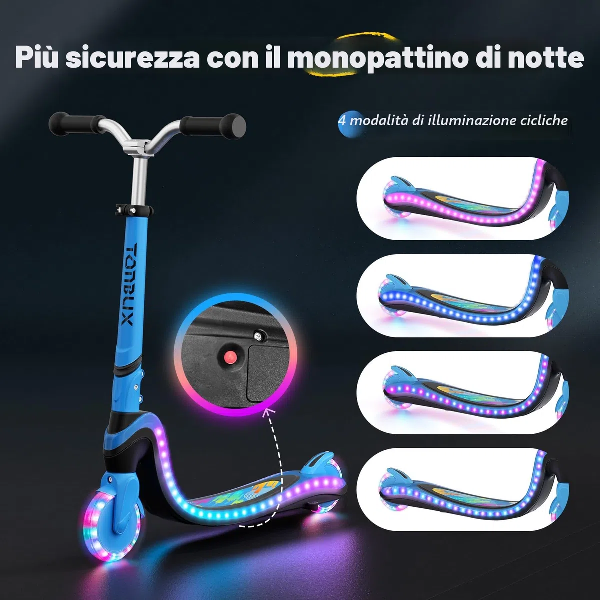 TONBUX Monopattino per Bambini da 3 a 12 Anni, con Ponte Illuminato e PU Ruote, 3 Livelli di Altezza Regolabile con Supporto, Leggero, Monopattino Bambini 3 Anni