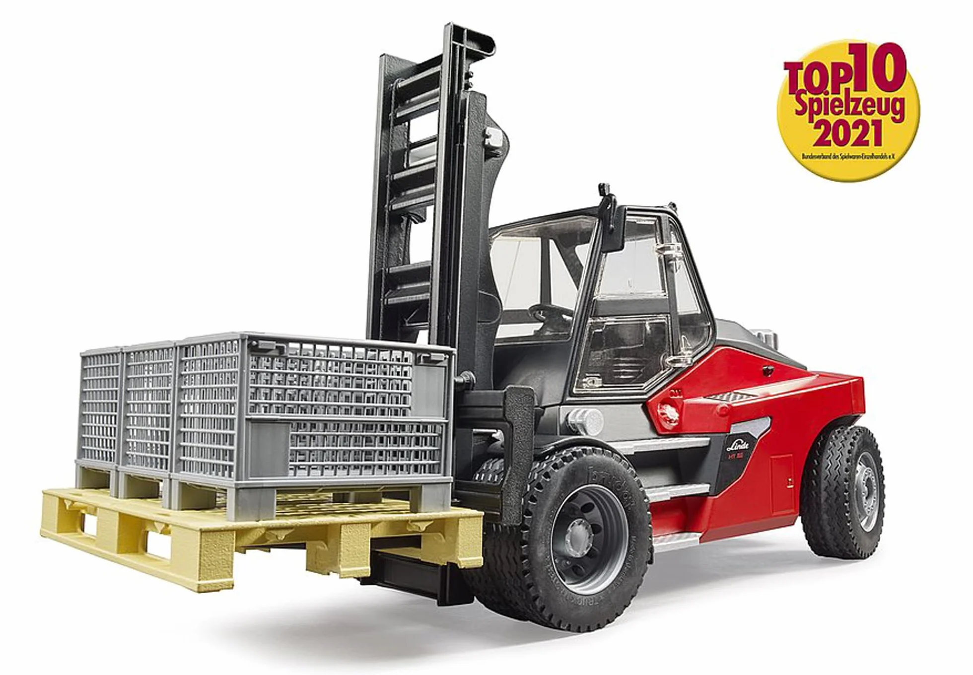 bruder 02513 - Carrello elevatore Linde HT160S con piastra e 3 gabbie per pallet