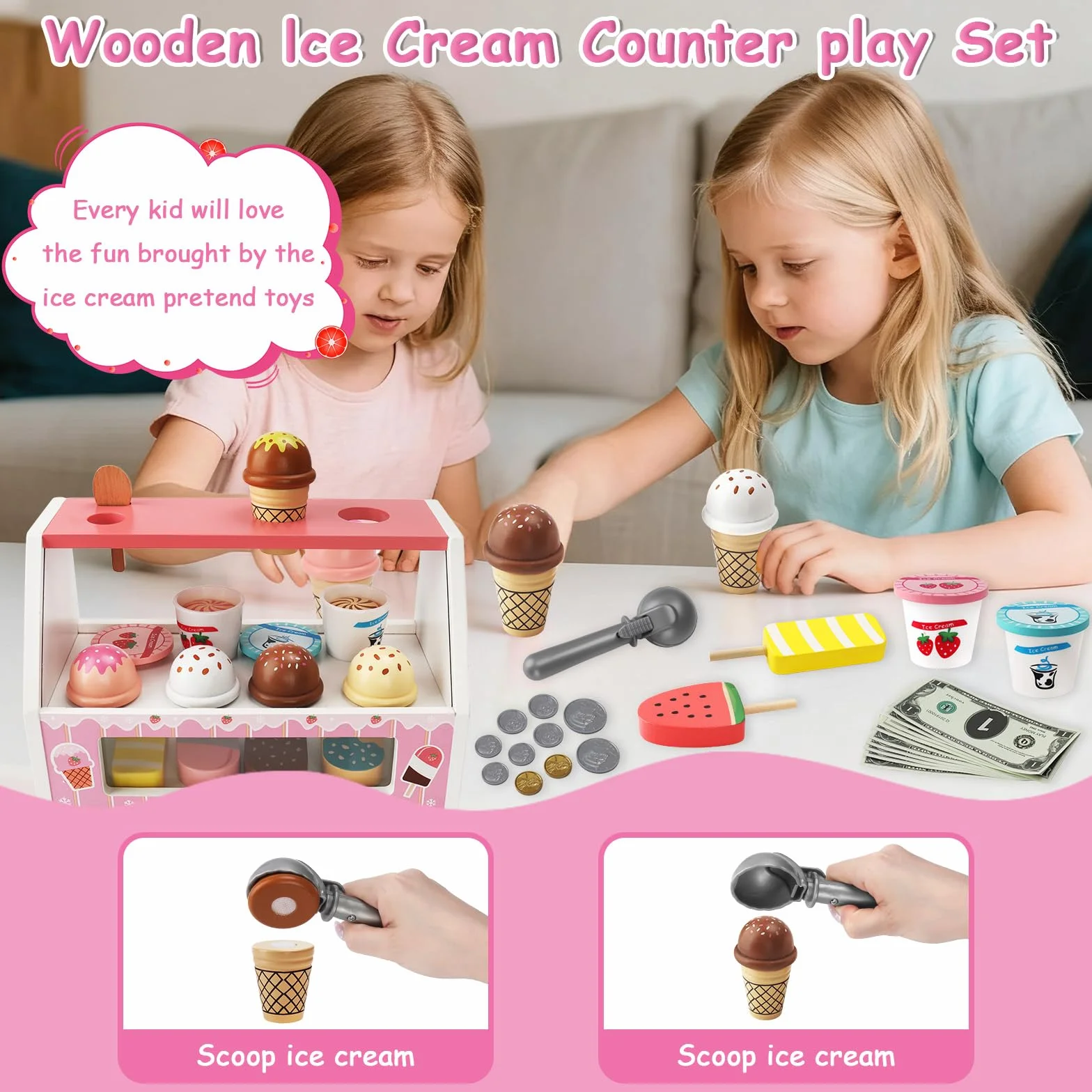 Gelateria Giocattolo per Bambini,Giocattolo per Gelato in Legno,Montessori Gioco di Ruolo Educativo Regalo per Bambinis,Gelateria Giocattoli in Legno per Bambini da 3 4 5 6 Anni Ragazzi Ragazze