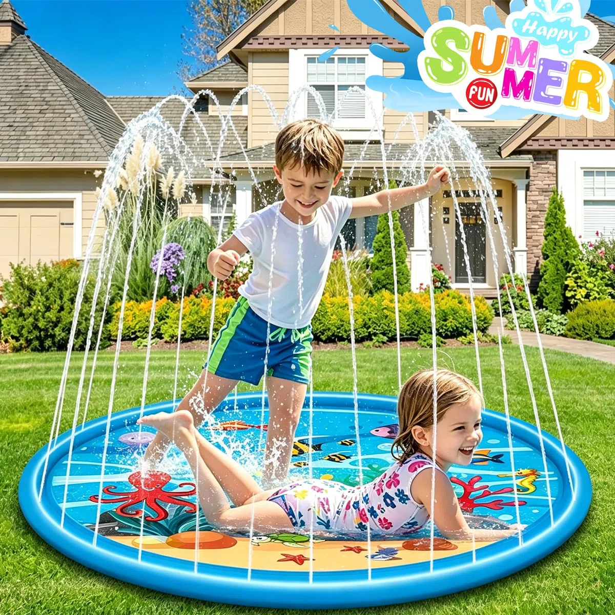 170CM Tappeto d'Acqua, Tappeto Gioco d'Acqua, Giocattolo Estivo per Acqua, Gioco d'Acqua all'Aperto per Bambini e Animali Domestici, Adatto per Attività all'Aperto, Feste in Spiaggia e Giardini