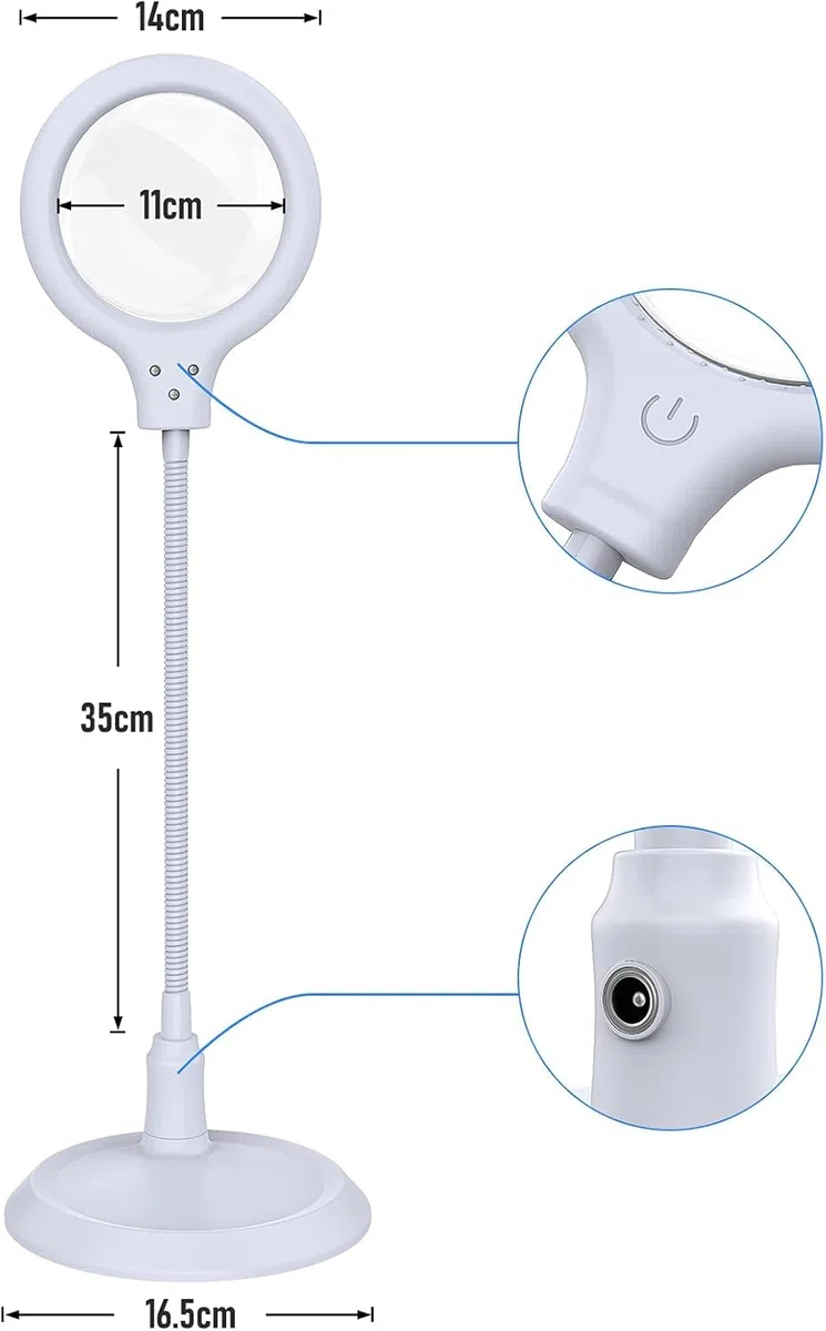 Lente di ingrandimento 5x, con luce e supporto, lampada LED dimmerabile a mani libere, ideale per lettura, hobby, cucito, artigianato, Bianco
