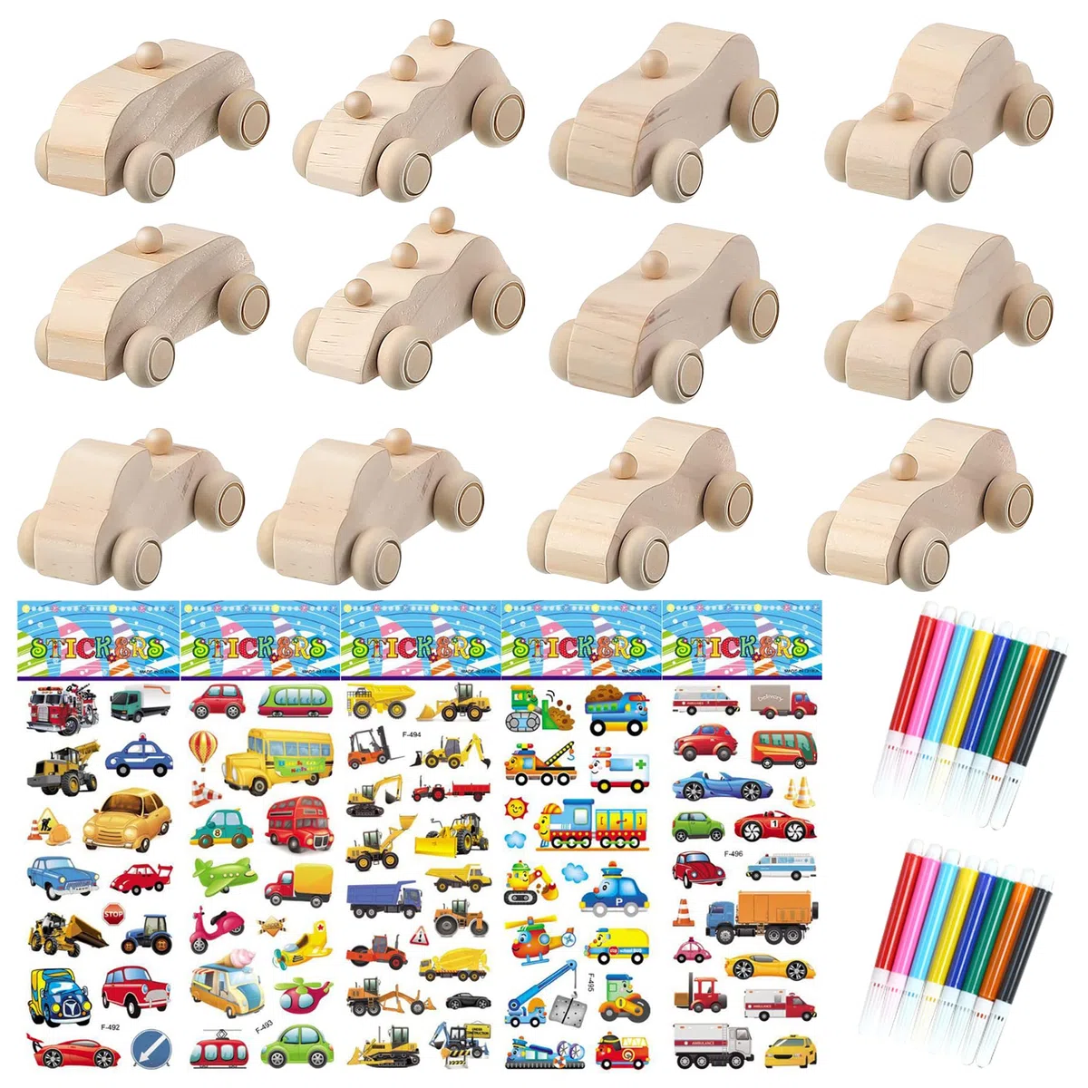 Allazone 12 Pz Auto in Legno Fai Da Te, Legno per La Pittura Mini DIY con Adesivo, Progetti di Artigianato (12pcs auto)