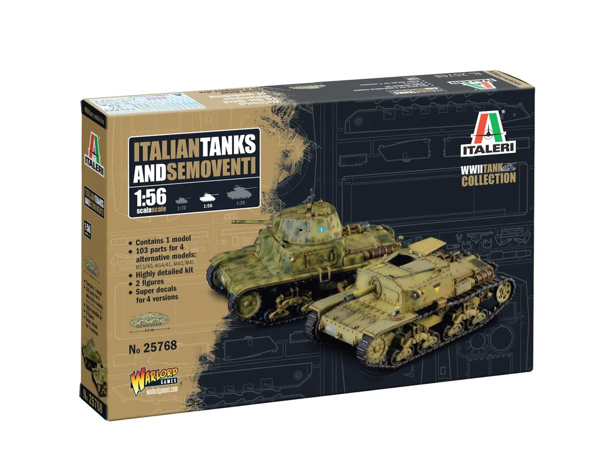 Italeri 25768 1:56 Carri Armati Italiani & Semoventi - Kit di Costruzione, Modellismo da Pavimento, Fai da Te, Hobby, Incollaggio, Plastica, Dettagli Fedele, Militare