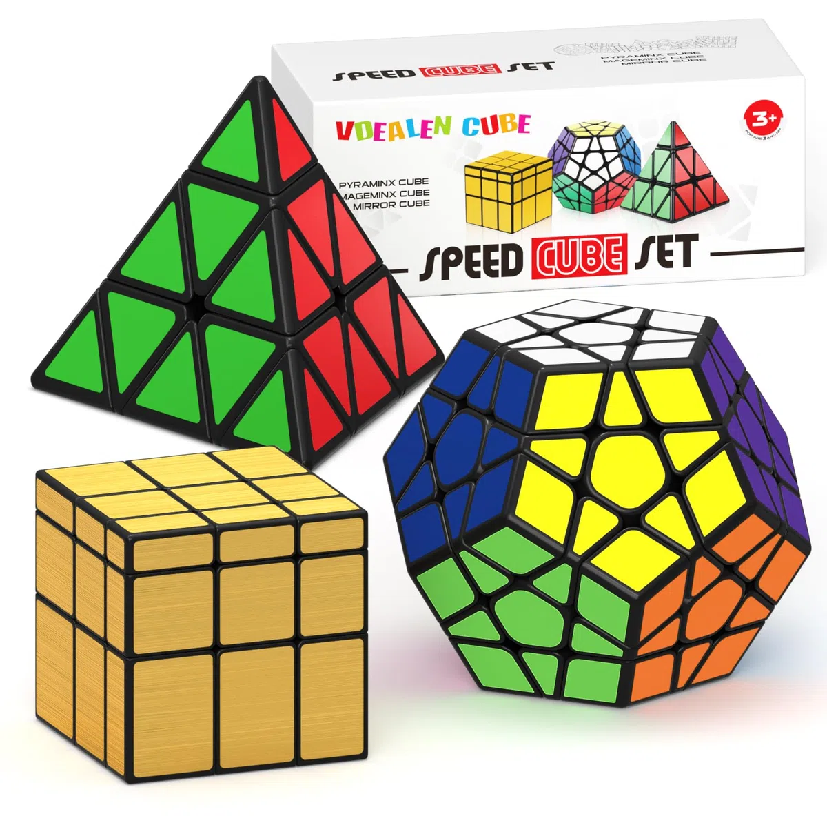 Vdealen Nero Magic Dodecahedron Megaminx + 3 x 3 x 3 x 3 piramid + 3 x 3 cm, colore: Oro Specchio Puzzle Cubo, Set di cubi dorati, AUTHFORT