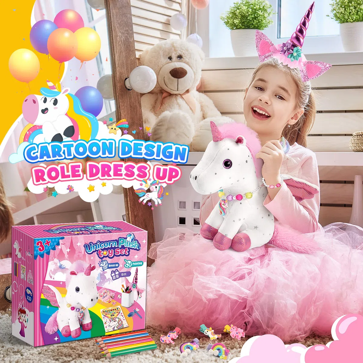EUCOCO Peluche Unicorno Bambina Regalo, Regalo Bambina 3-7 Anni Giocattoli Unicorno Kit Pittura per Bambini 3-8 Anni Femmina Giochi Gioco di Ruolo Bambini 3-7 Anni Regalo Ragazza Braccialetto