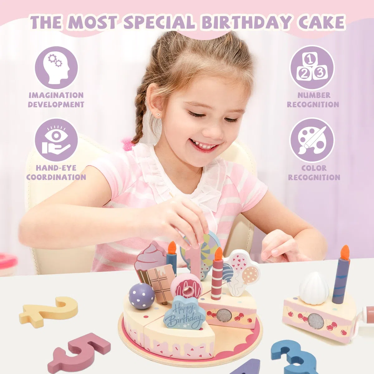 Torta finta di compleanno in legno con candele e numeri, set di torte giocattolo per bambini, torta di compleanno per giochi di finta, giocattoli regalo di compleanno per ragazzi e ragazze