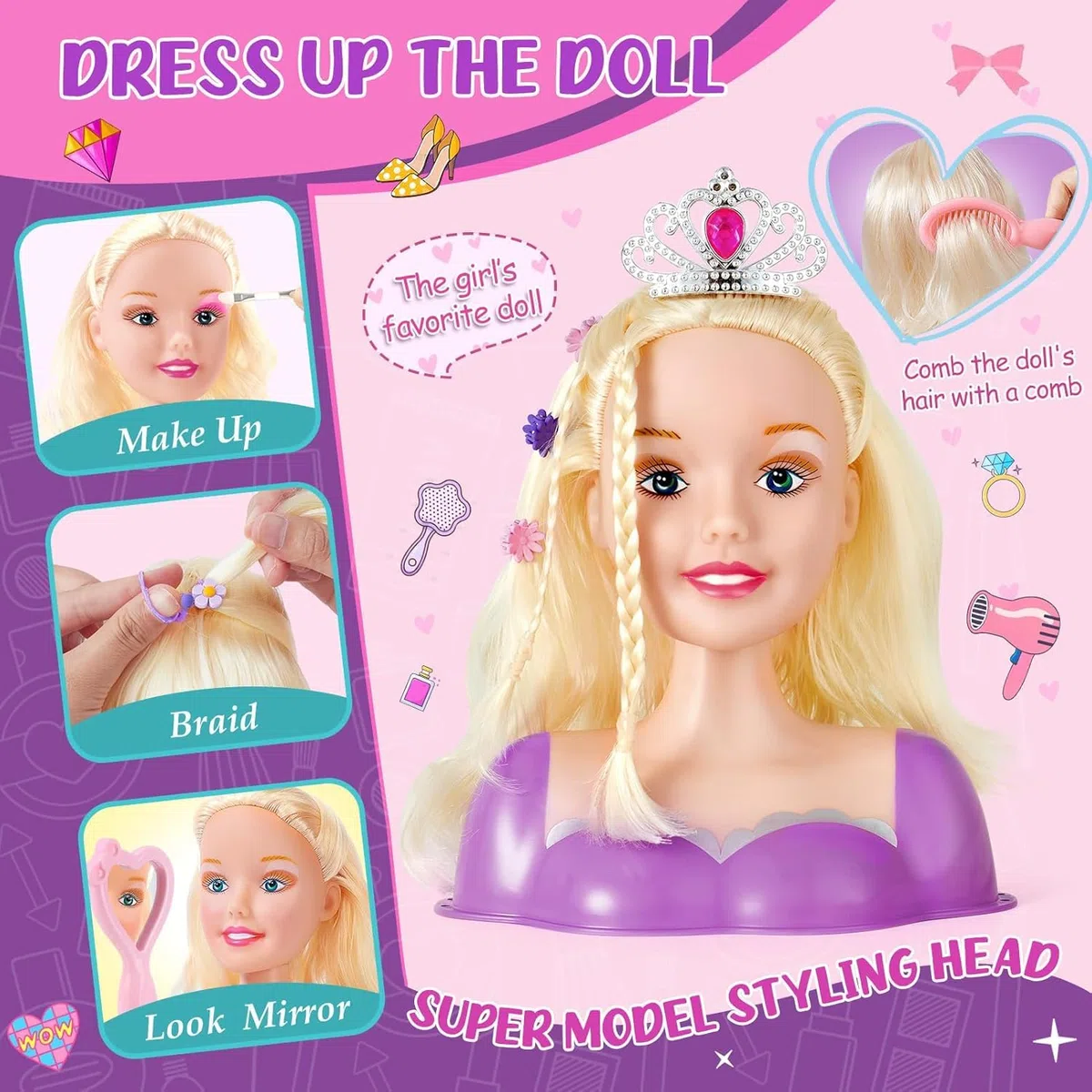 Set Parrucchiere per Bambini Trucco Hair Styling con Giocattolo Asciugacapelli Piastra Testa in Stile Bambola Parrucchiere da Kit Bellezza Trucco Salone Giocattolo Compleanno per Ragazze 3 4 5 6 Anni