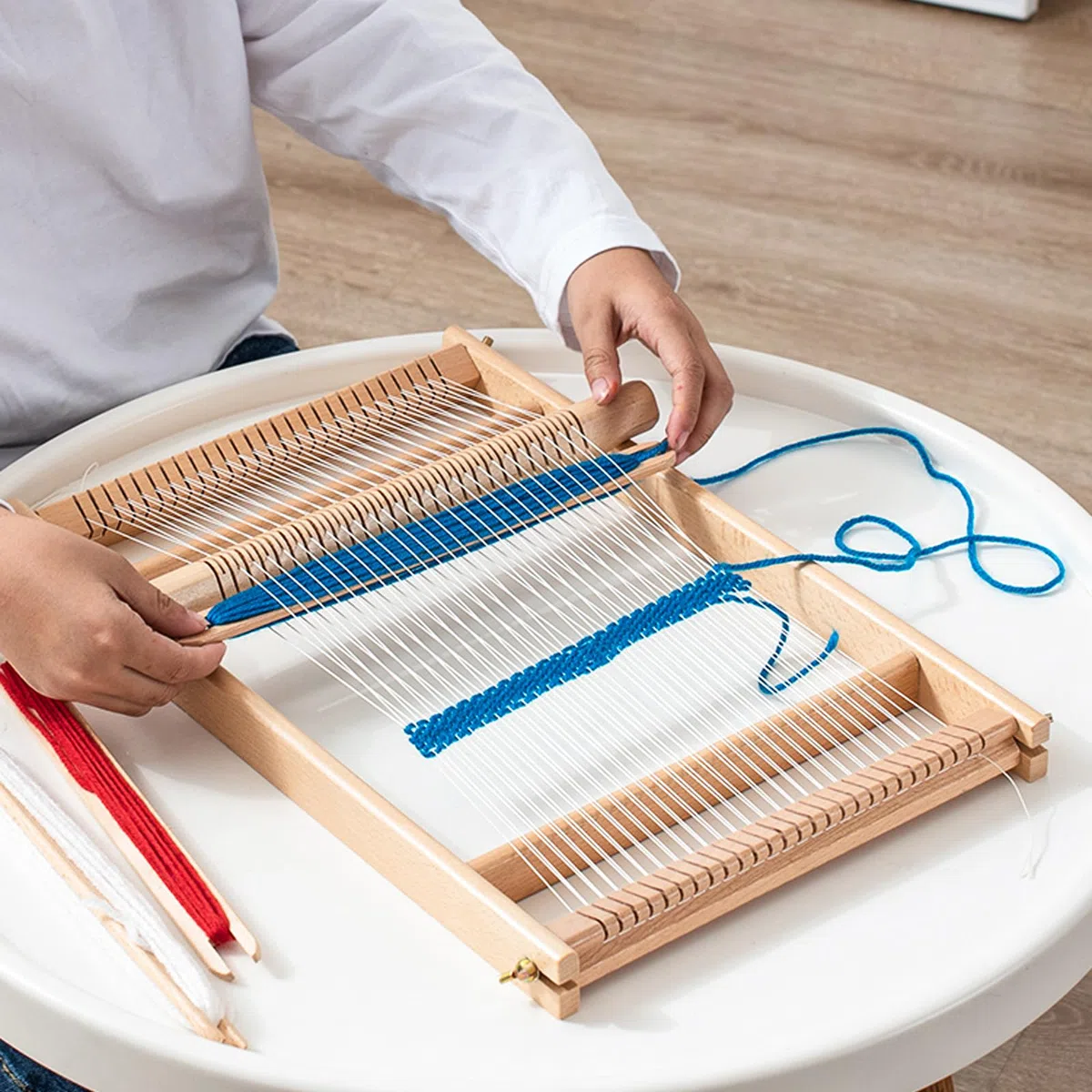FEIGO Telaio per Tessitura in Legno,Telaio per Lana Grande a Mano,39 x 26 cm Set da maglia per bambini,Pettine di legno, Navetta, per Principianti (Kit per maglieria per bambini)