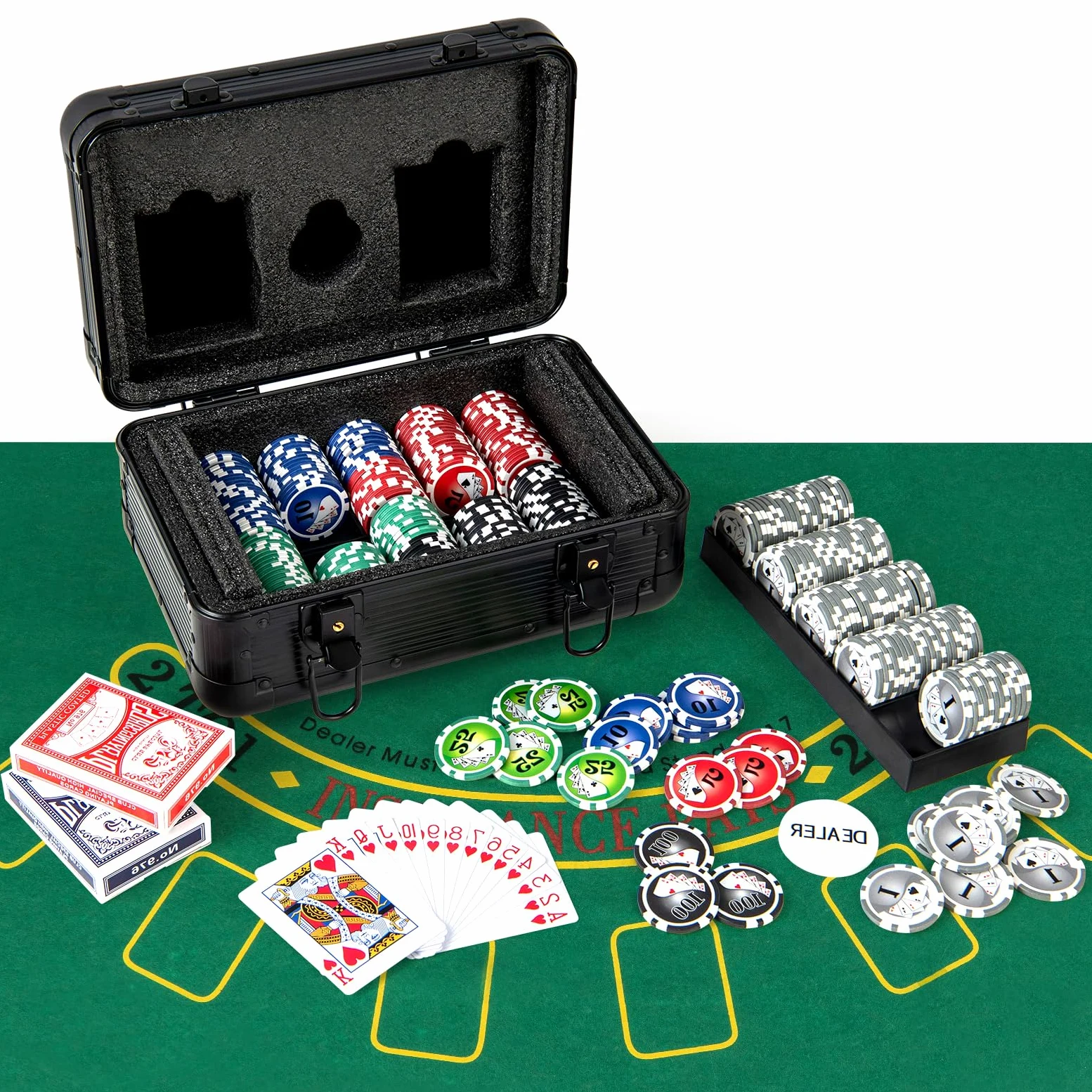 HOMASIS Set da Poker con 300/400 Fiches, Valigetta Poker in Alluminio con Mazzi di Carte, Tappetino in Feltro, 2 Chiavi, Carta del Banco e 5 Dadi, Set di Fiches da Poker per Casinò (29 x 20 x 16 cm)