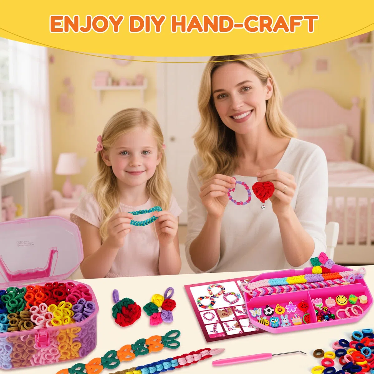 FunzBo Kit Braccialetti Fai da Te con 1000 Elastici in Cotone Morbido, Set Creativo Bambina per Creare Gioielli e Accessori Capelli, Regalo Compleanno Bambini e Giochi Creativi 6-12 Anni