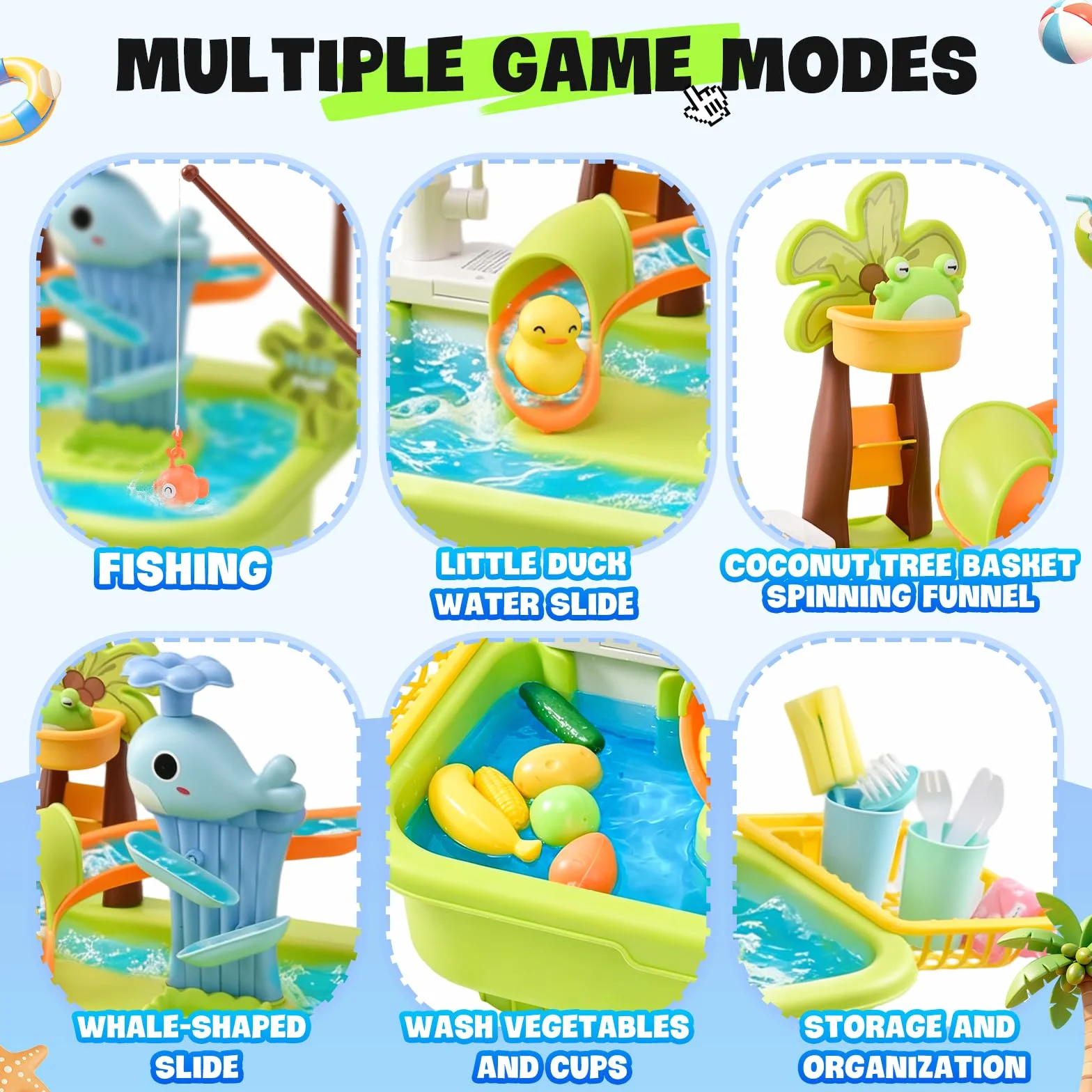 4 in 1 Tavolo Acqua Bambini con Pompa, Lavandino Giocattolo con Acqua Corrente, Gioco di Pesca e Scivolo, Tavolo d’Acqua per Bambini Esterno, Gioco Sensoriale per Bambini da 3 Anni