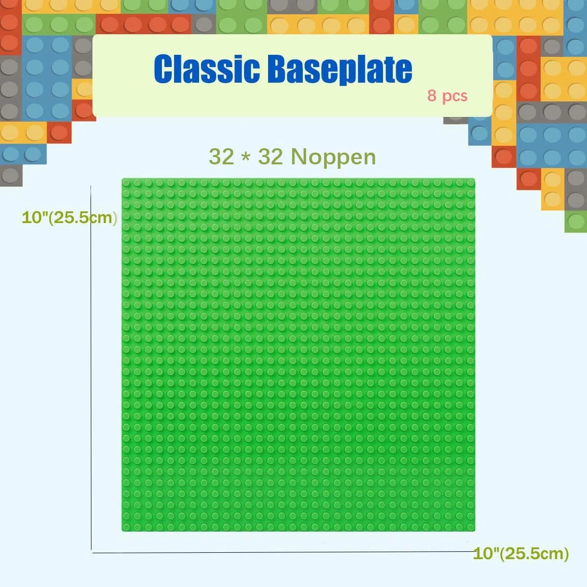 Set di 8 pannelli compatibili con Lego Classic, piastra verde blu e grigio sabbia, 25,5 x 25,5 cm