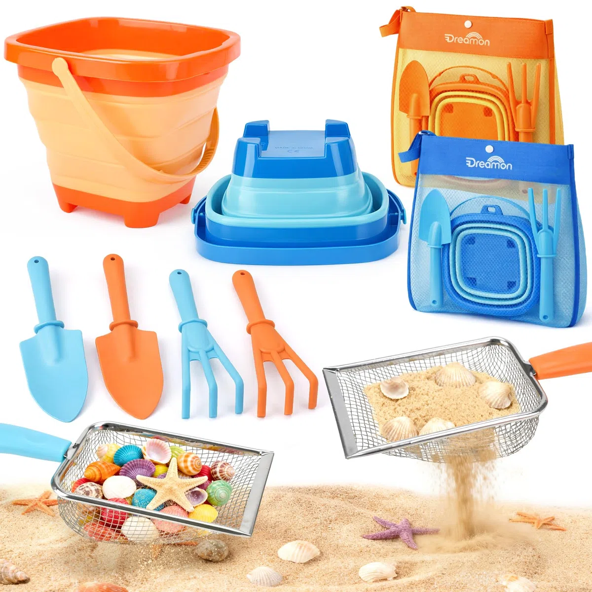 Dreamon Giochi Spiaggia Bambini Set 3 4 5 Anni con Secchiello Spiaggia Bambini Pieghevole Sacco a Rete Setaccio per La Sabbia Pala e Rastrello Giocattoli Regalo Esterno per Bambini e Bambine