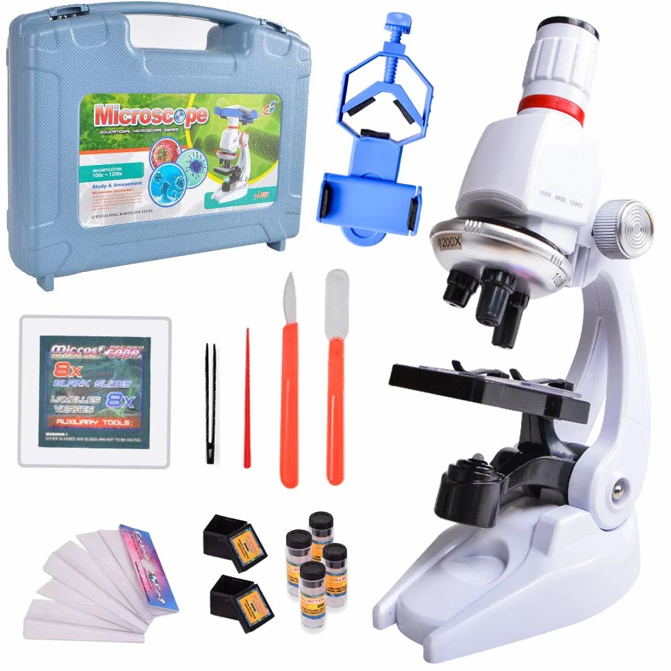 Microscopio Bambino, 100 x 400 x 1200 x Ingrandimento Scientifico Bambino Supporto Del Telefono Scatola di Plastica Microscopio Set per Bambini Studenti per l'Educazione Precoce