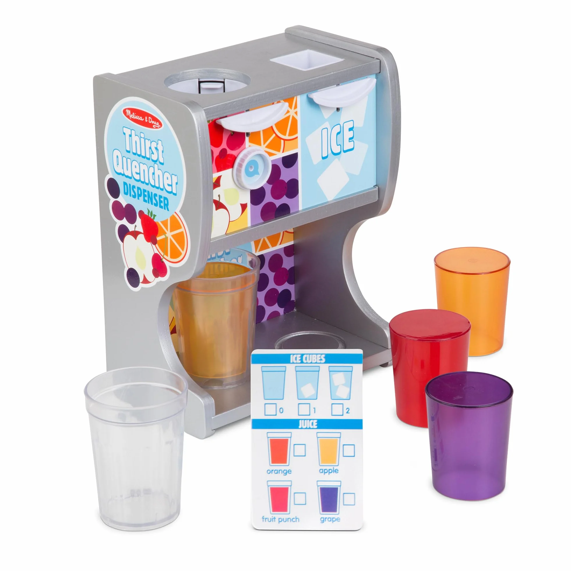 Melissa & Doug Distributore di Bevande in Legno con Bicchieri, Inserti con succhi, cubetti di Ghiaccio (10 Pezzi) Dispenser Dissetanti - Certificati FSC