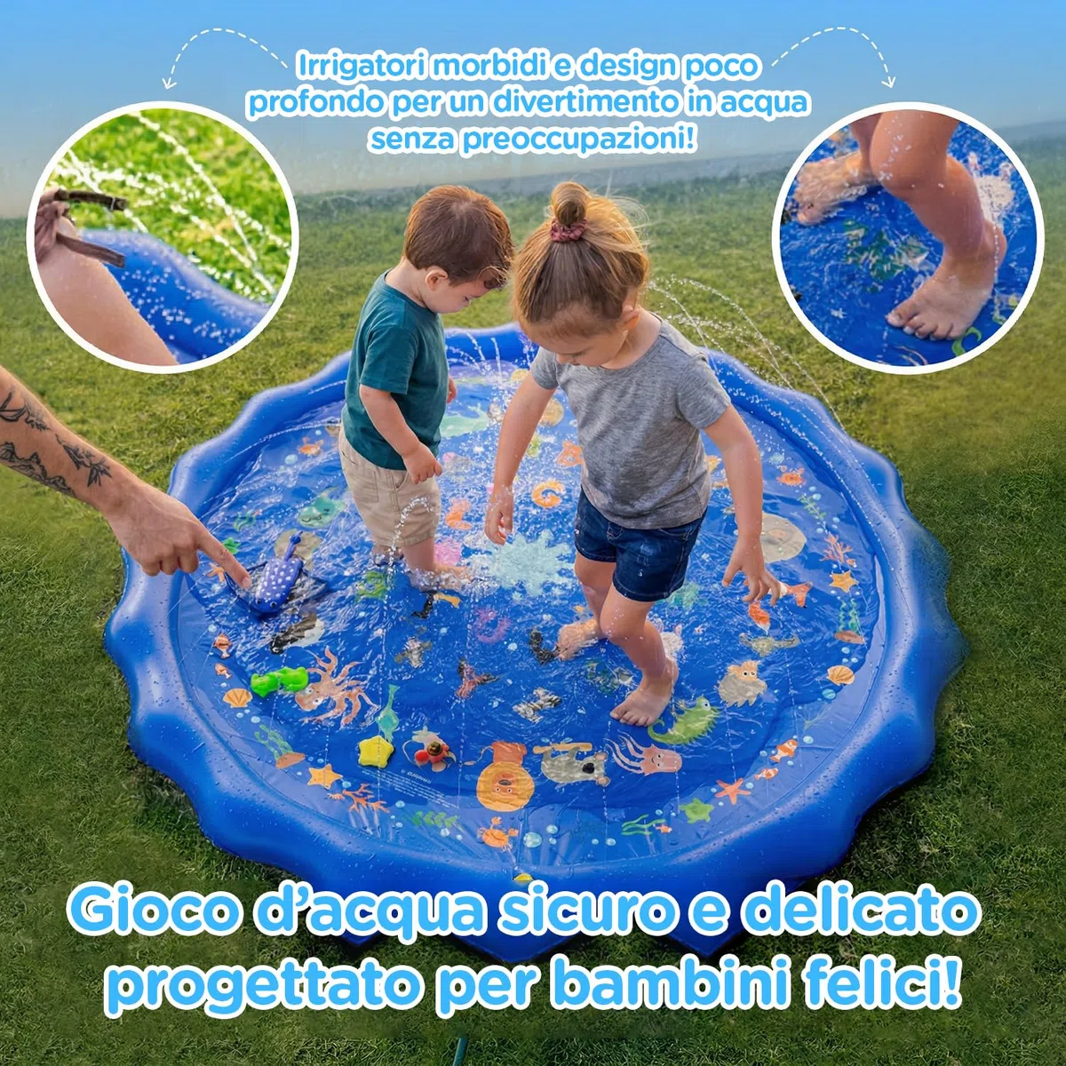 KiddoSpace Splash Pad per Bambini – Tappetino da gioco acquatico antiscivolo per esterni con design educativi, divertente attività estiva da giardino per neonati e bambini, include kit di riparazione
