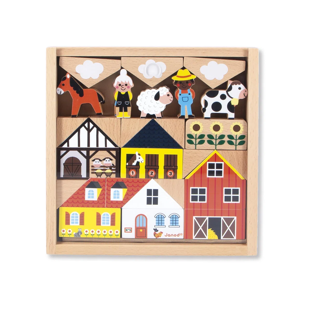 Janod Set di 34 cubi in Legno Massiccio, Tema Country, Complemento Ottime ai tappetini per Auto, Gioco di Costruzione, Sviluppa l'immaginazione, Giocattolo in Legno FSCTM, da 2 Anni, J05937